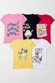 T2F Girls Cotton Printed Regular Fit T-Shirt (Pack of 5)