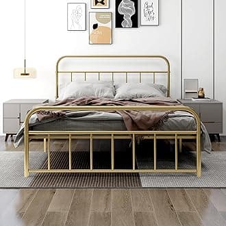 Queen Metal Platform Bed Frame with Vintage Headboard Footboard Extra Strong Support No Box Spring Needed Noise Free Easy Assembly Gold