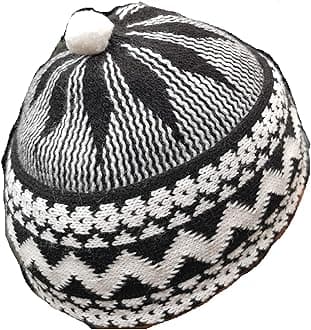 Mens Zigzag HAJI Cap - Kufi All Season Muslim Prayer TOPI Beanie HAT Crown with White Ball - Stretchable ONE Size