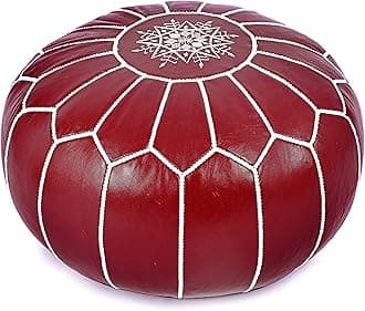 Marrakesh Gallery Moroccan Pouf Cover - Round & Large Ottoman Leather Cover Pouf - Bohemian Living Room Decor - Hassock & Ottoman Footstool - Unstuffed (Ruby)