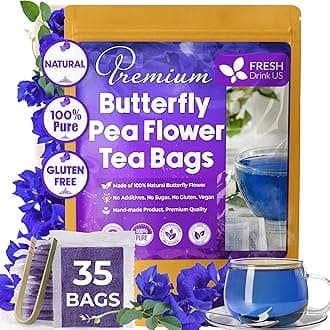 35 Premium Butterfly Pea Tea Bags, 100% Natural and Pure from Butterfly Pea Flowers, Hand-made, Made With Natural Materials-Corn Fiber Tea Bag, Sugar/Caffeine/Gluten Free, Vegan