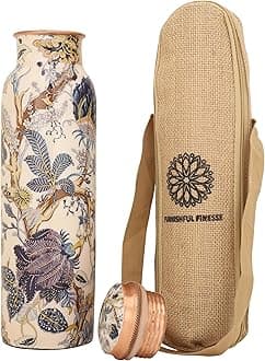 White Printed Pure Copper Bottle with Carrying Bag for Drinking Water BPA Free Leak Proof Boosts Immunity, Liver Health, Ayurveda Inspired 34oz - 1 Litre