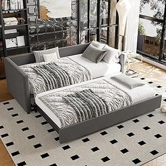 Upholstered Bed Day Bed, 3FT Single Bed with Underbed In Grey, 2 beds in 1 Sofa Bed, Double Bed with Trundle Bed, Modern Bed Frame 90x190 cm for Living Room Bedroom, Easy assembly, Linen, No Mattress