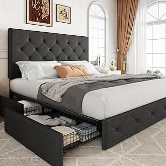 Allewie Upholstered Full Size Platform Bed Frame with 4 Storage Drawers and Headboard, Diamond Stitched Button Tufted, Mattress Foundation with Wooden Slats Support, No Box Spring Needed, Dark Grey