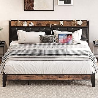 LIKIMIO King Bed Frame, Storage Headboard with Charging Station, Solid and Stable, Noise Free, No Box Spring Needed, Easy Assembly (Vintage and Black)