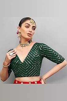 Pujia Mills Womens Fancy Readymade Ethnic wear Half Sleeve Sequins Saree Blouse sabyasachi Blouse for Women Saree and Lehenga Choli Bridal Blouse