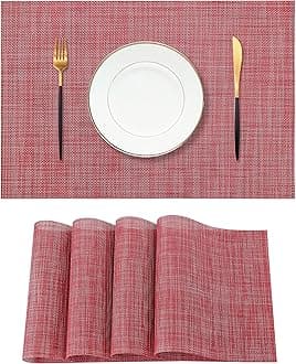 Christmas Red Placemats Set of 4 - Heat Resistant Non-Slip Place mats for Dining Table, Washable Durable PVC Vinyl Woven Table Mats(Red, 4)