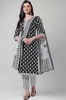 MIRCHI FASHION Women's Designer Straight Fit Cotton Printed and Embellished Kurta Set with Trouser Pant and Dupatta