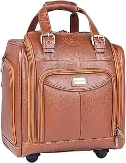 BRAND LEATHER Genuine Leather Underseat Carry-On Rolling Travel Luggage Bag (TAN)