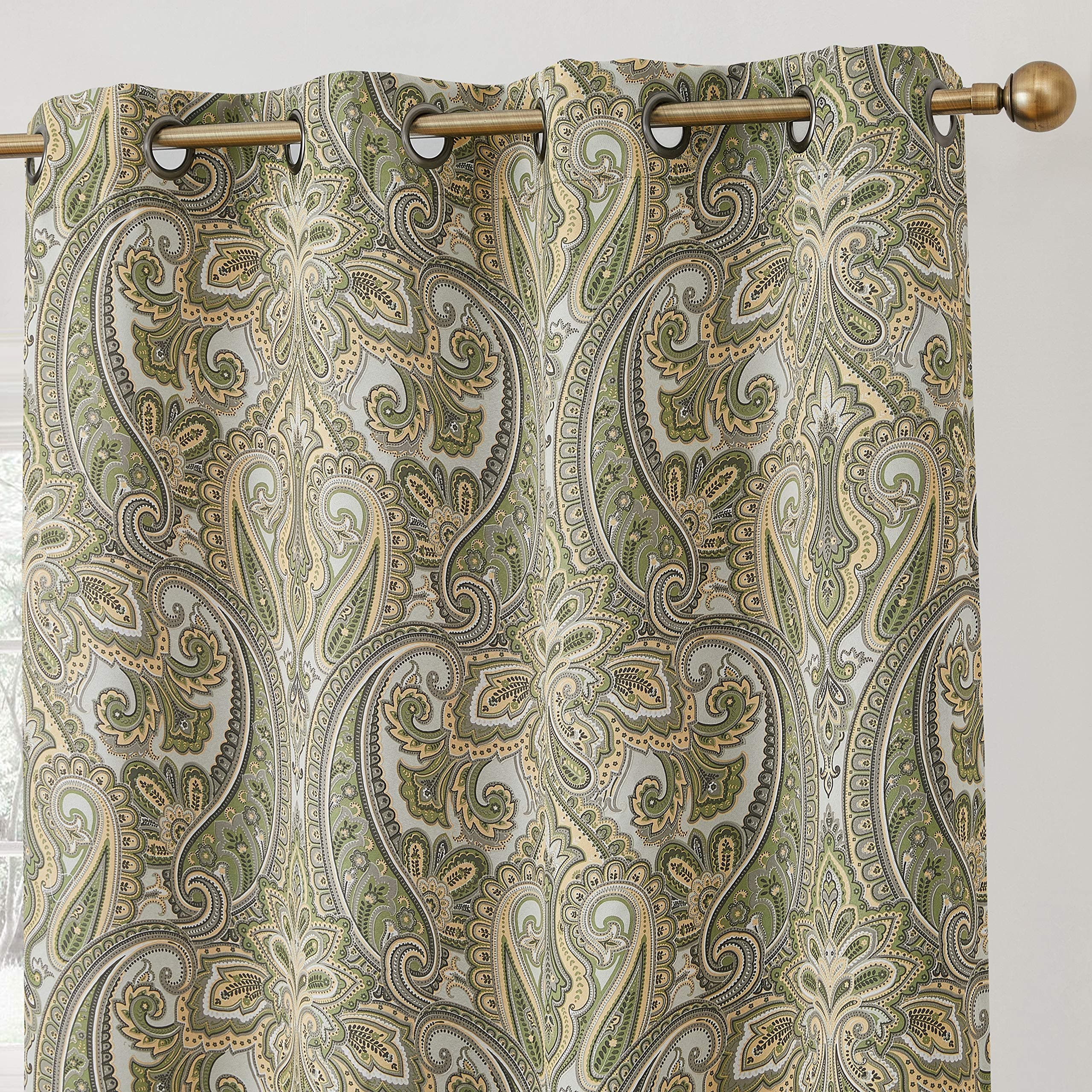 HLC.ME Paris Paisley Decorative Print Damask Pattern Light Reducing Grommet Window Curtain Panels for Bedroom - Set of 2 (50 W x 84 L, Sage Green)