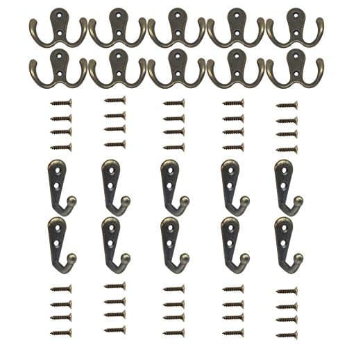 10 Pieces Double Prong Robe Hook and 10 Pieces Single Prong Robe Hook, Retro Cloth Hanger with 40 Pieces Screws (Bronze Color)