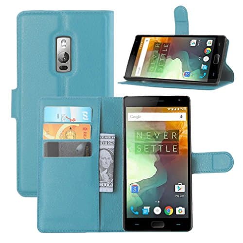 OnePlus 2 Case, OnePlus Two Case, HualuBro Premium PU Leather Wallet Flip Phone Protective Case Cover with Card Slots for OnePlus 2 2015 Smartphone (Blue)