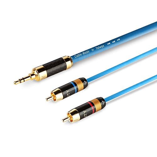 Ohno Continuous Casting (OCC) Copper RCA Cable, 3.5mm Male to 2 Male RCA (Left/Right) Stereo Audio Y Cable, Dual Shielded Gold-Plated, 1.5M (5ft) –Red-Deluxe Plus Series