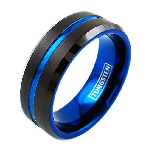 Beautiful Black Tungsten Ring w/ Cool Thin Blue Line Stripe & Stunning Blue Inner Band. 6mm and 8mm. (8mm, 11)
