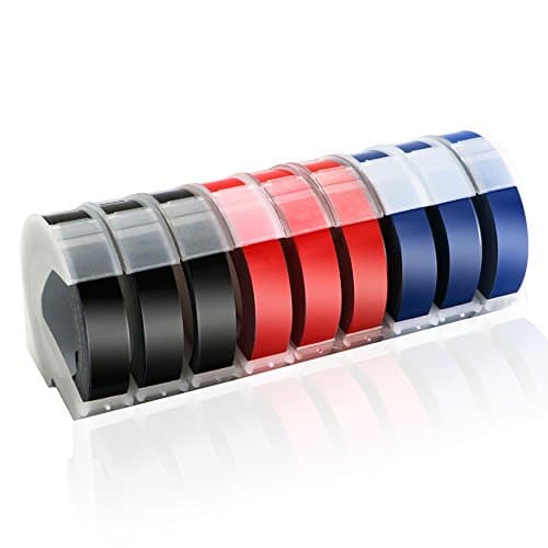 White Print on Black/Red/Blue Self-Adhesive 3D Plastic Embossing Labels Compatible Dymo Embossing Label Makers,3 Rolls Each Color,3/8 x 9.8',Pack of 9
