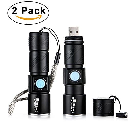 350 Lumen Ultra Bright USB Flashlight Tactical Flashlight Light with 3 Modes & Zoom Function Torch (2Pack) (Black)
