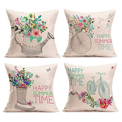 4-Pack Hello Spring Easter Throw Pillow Cover Vintage Bicycle Flower Cushion Case 18 x 18 Inch for Home Sofa Decorative