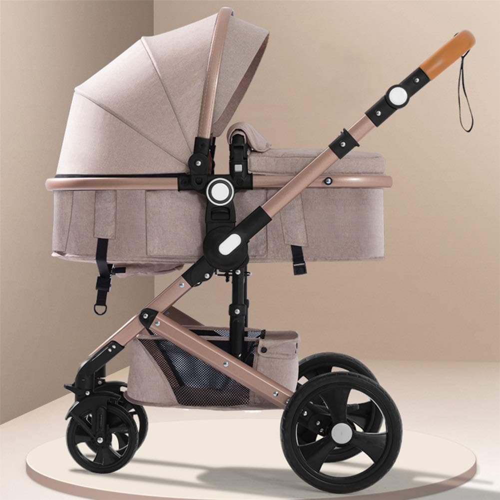 Baby Stroller Can Sit Reclining Folding Light Two-Way Four-Wheel Shock Absorber Baby Stroller (Color : Khaki)