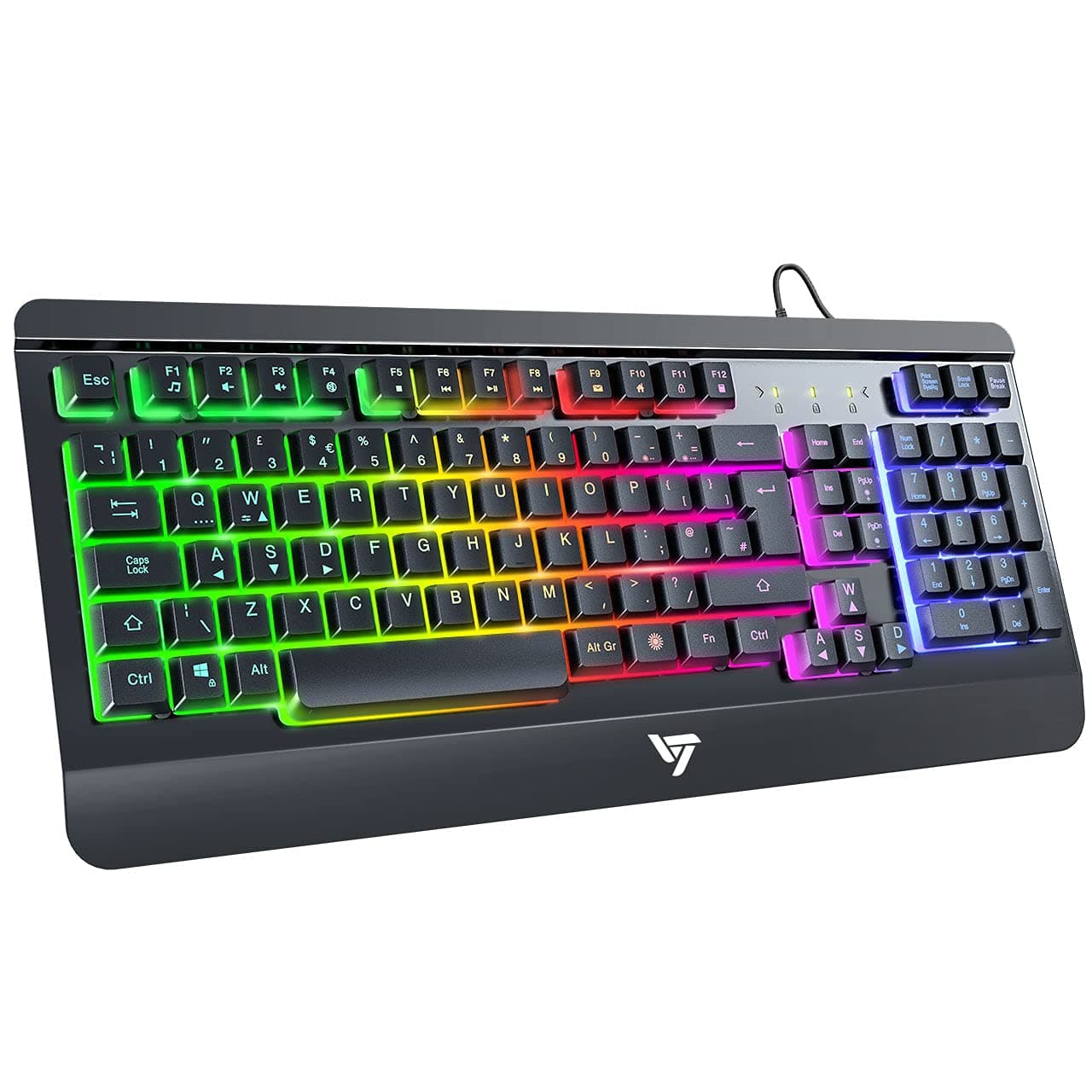 Gaming-Keyboard-USB-Led-UK, Vic Tech FL Rainbow Backlit Wired Keyboard with Ultra-Slim All-Metal Frame, Comfortable Wrist Rest, 12 Multimedia Shortcut Keys for Desktop Computer PC Gamer Laptop