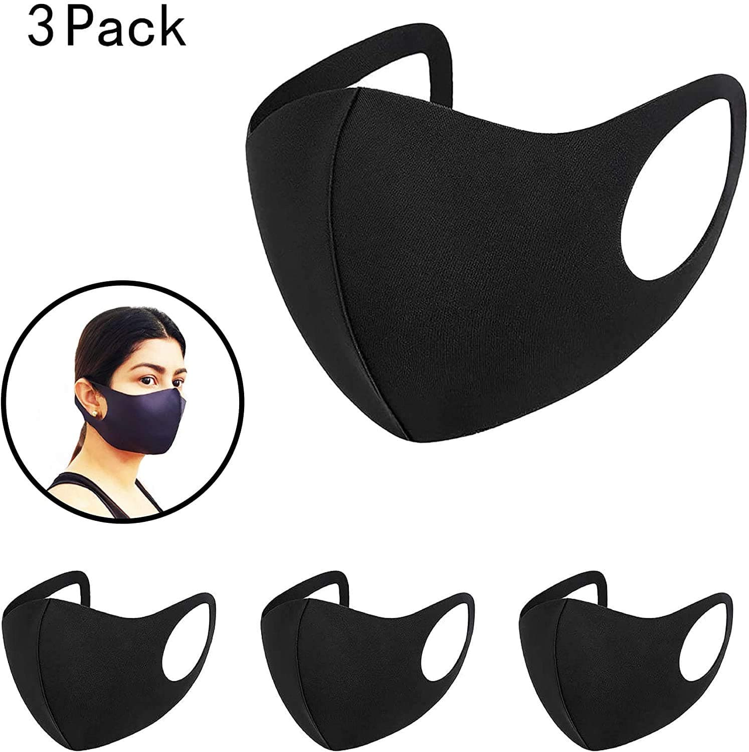 Pack x 3 Units Environment Protective washable neoprene reusable face mask, unisex soft and comfortable. Protects mouth and nose. Anti dust, pollen droplets and much more (Men, Black)