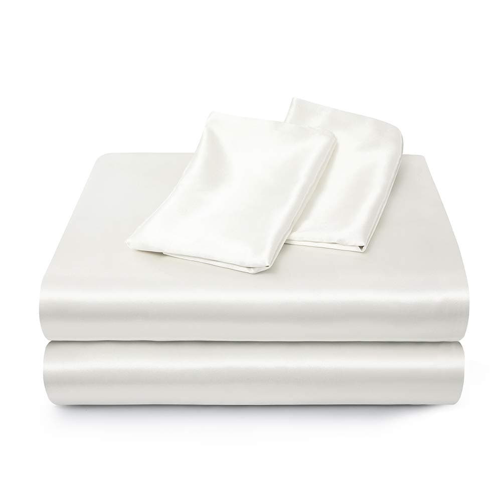 Satin Bed Sheets Twin Sheets, White Silk Sheets, 3 - Pieces Soft Bedding Set with 1 Deep Pocket Fitted Sheet,1 Flat Sheet,1 Pillowcase