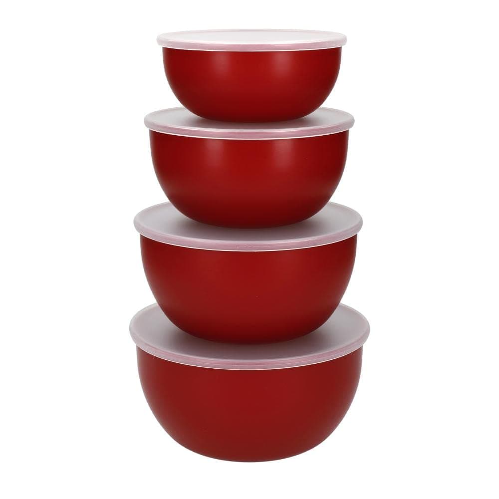 Plastic Prep Bowls for Kitchen Storage & Organisation, Set of 4, with Lids, Red