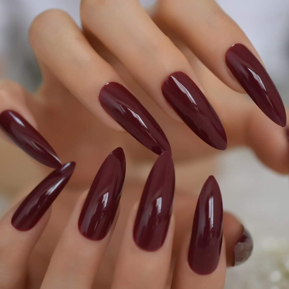 Glossy Burgundy Brown Red Press on False Nails Extra Long Stiletto Pointed UV Gel Sharp End Fake Fingersnails Easy Apply