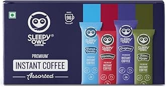Sleepy Owl Pack Of 96 Assorted Flavour Instant Coffee Powder Sachets, 192G Freeze Dried Coffee Powder 24 Sachet Each-Original, French Vanilla, Filter Kaapi And Hazelnut Flavoured Coffee Powder