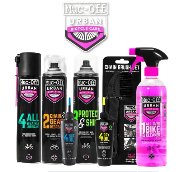 Muc Off Urban Essential 7 Piece Cleaning Kit Bundle, 4 Step Clean, Degrease, Lubricate and Protect with chain brush set