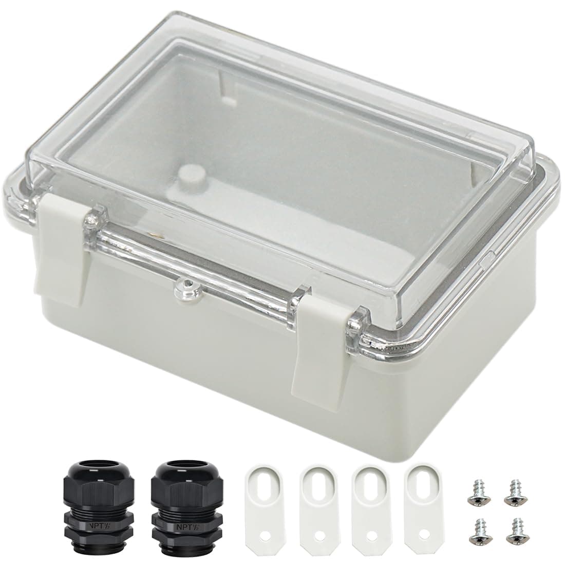 Zulkit Junction Box ABS Plastic Dustproof Waterproof IP65 Electrical Boxes Hinged Shell Outdoor Universal Project Enclosure Clear Cover with 2 Cable Glands 5.9 x 3.9 x 2.8 inch (150x100x70 mm)