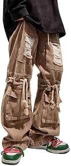 Mens Cargo Pants Ripped Baggy Jeans Y2K Elastic Waist Straight Leg Pants 90S Vintage Streetwear Grunge Clothes.