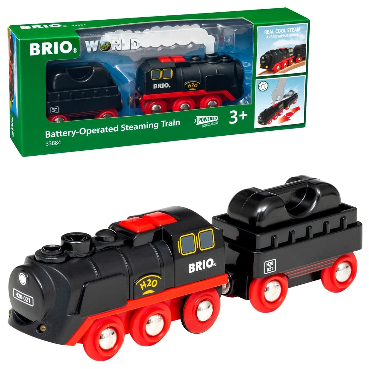 World 33884 Battery-Operated Steaming Train - Interactive Toy Train with Light & Steam Effects | Enhances Motor Skills | Compatible Sets for Kids Age 3 and Up, Black