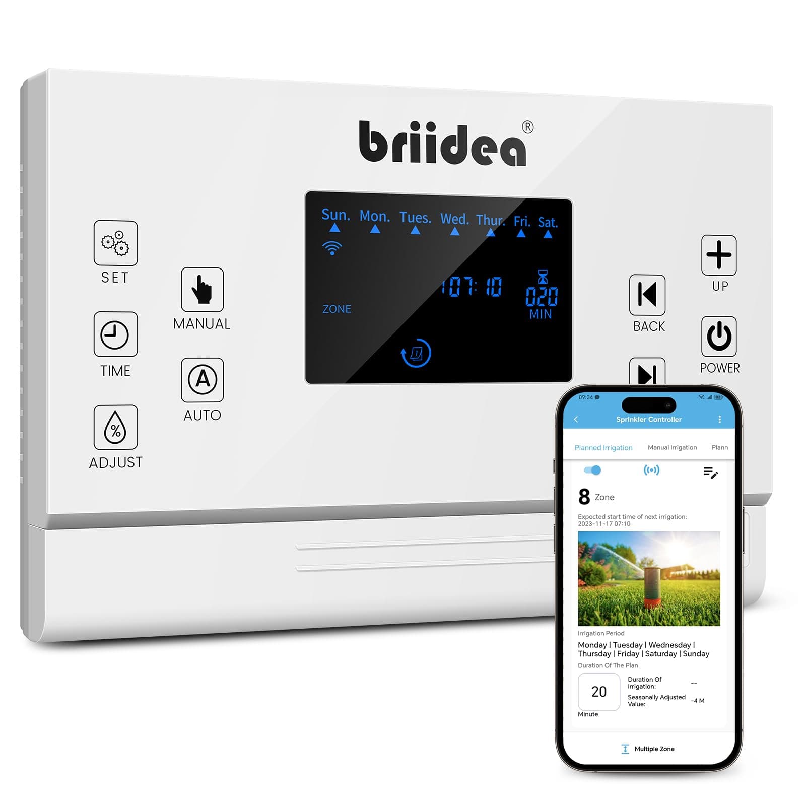 briidea 8 Zones WiFi Smart Sprinkler Controller, Automatic Irrigation Controllers with Customized Watering Schedule & Seasonal Adjustment, Water Efficiently and Keep Your Plants Healthy