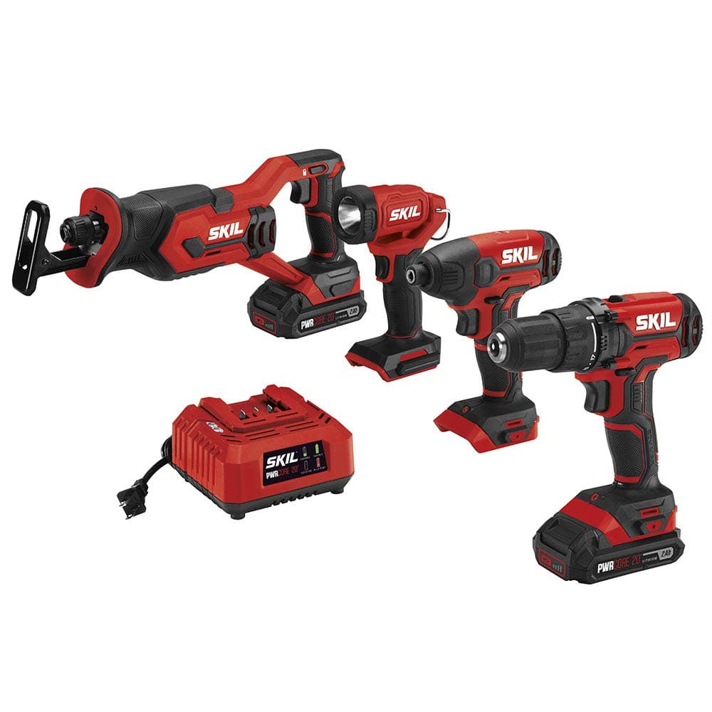 SKIL 4-Tool Kit: 20V Cordless Drill Driver, Impact Driver, Reciprocating Saw and LED Spotlight, Includes Two 2.0Ah Lithium Batteries and One Charger - CB739601