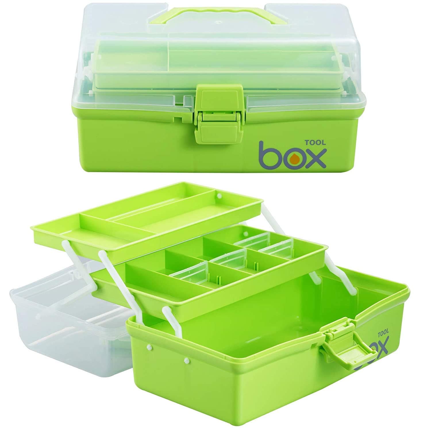 JUGTE Multipurpose Tools Storage Box Organizer 3-Layer Plastic Handled Case For Art Craft Cosmetic Sewing Supplies Medicine Organiser Family First Aid With Handle (Green10 Cm)