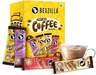 Bevzilla 96 Instant Coffee Powder Sachets(4 Flavours) - 192 Grams | Hazelnut, Classic, Vanilla & Butterscotch | 24 pouches Each Flavour | Arabica Coffee | for Espresso, Latte,Cappuccino | Hot & Cold Brews