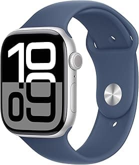 AppleWatch Series 10 GPS 46 mm Smartwatch with Silver Aluminium Case with Denim Sport Band - S/M. Fitness Tracker, ECG App, Always-On Retina Display, Water Resistant
