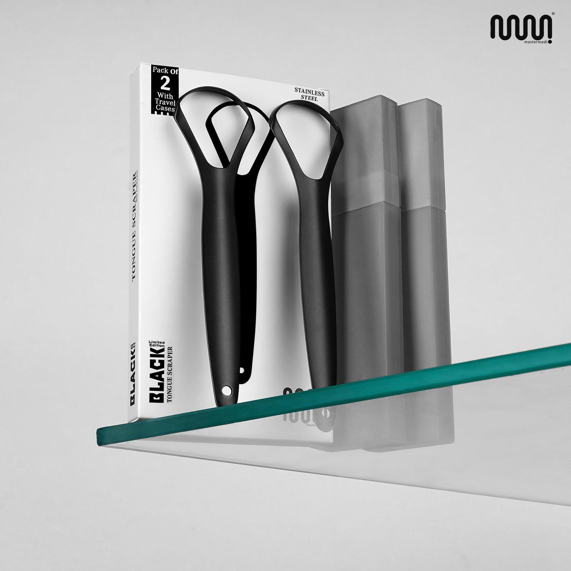 MasterMedi Black Tongue Scraper with Cases (Spoon Shape, 2 Pack), Tongue Scrubber for Bad Breath Treatment, Easy to Use Tongue Scraper for Adults, Tongue Cleaner for Oral Care