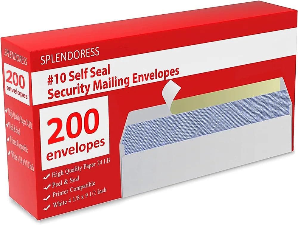 #10 Envelopes Letter Size Self Seal | 200 Business Mailing Security Peel and Sealing Envelope | 100% Tinted | no 10 White Windowless Legal Regular Plain Envelops Pack | 4-1/8 x 9-1/2 Inches | 24 LB