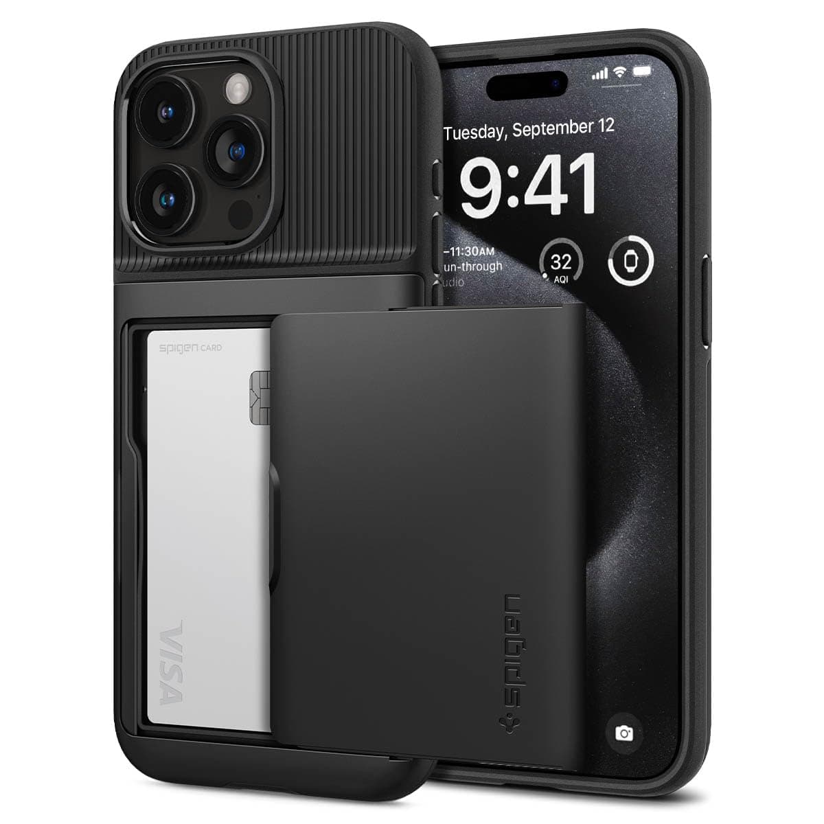 Spigen Slim Armor CS Back Cover Case for iPhone 15 Pro, Built-in Card Slot, Dual-Layer Protection - PC+TPU | Black