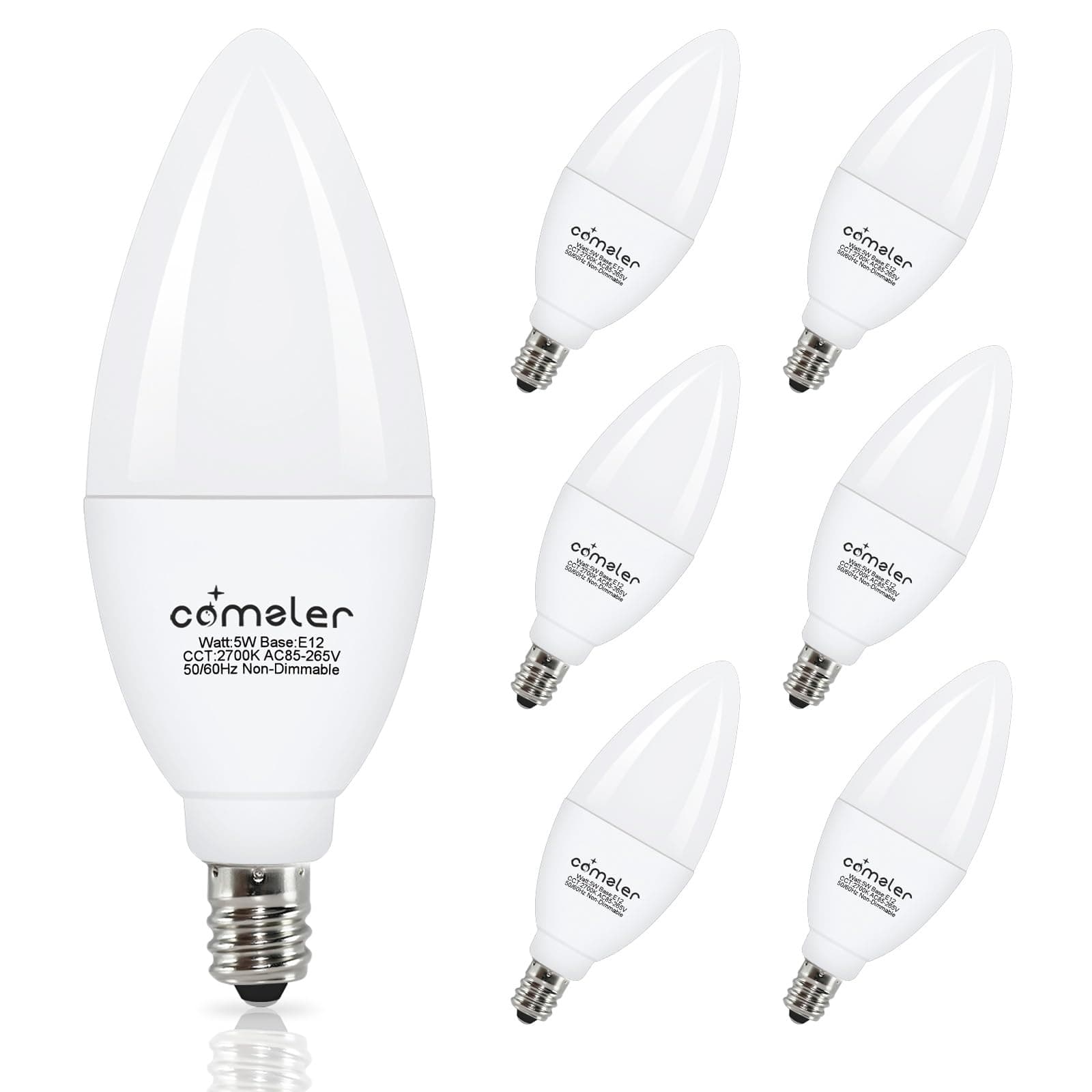 comzler LED Candelabra Bulb, Ceiling Fan Light Bulbs, E12 LED Bulb, 5 Watt 60 Watt Equivalent, Soft White 2700K LED Chandelier Light Bulbs, Candle Bulb Small Base Non-Dimmable, 6 Pack