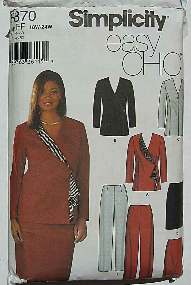 Simplicity 5870 Sewing Pattern ~ Easy Chic Womens Skirt, Slim Pants and Lined Jackets, Sizes 18W-24W