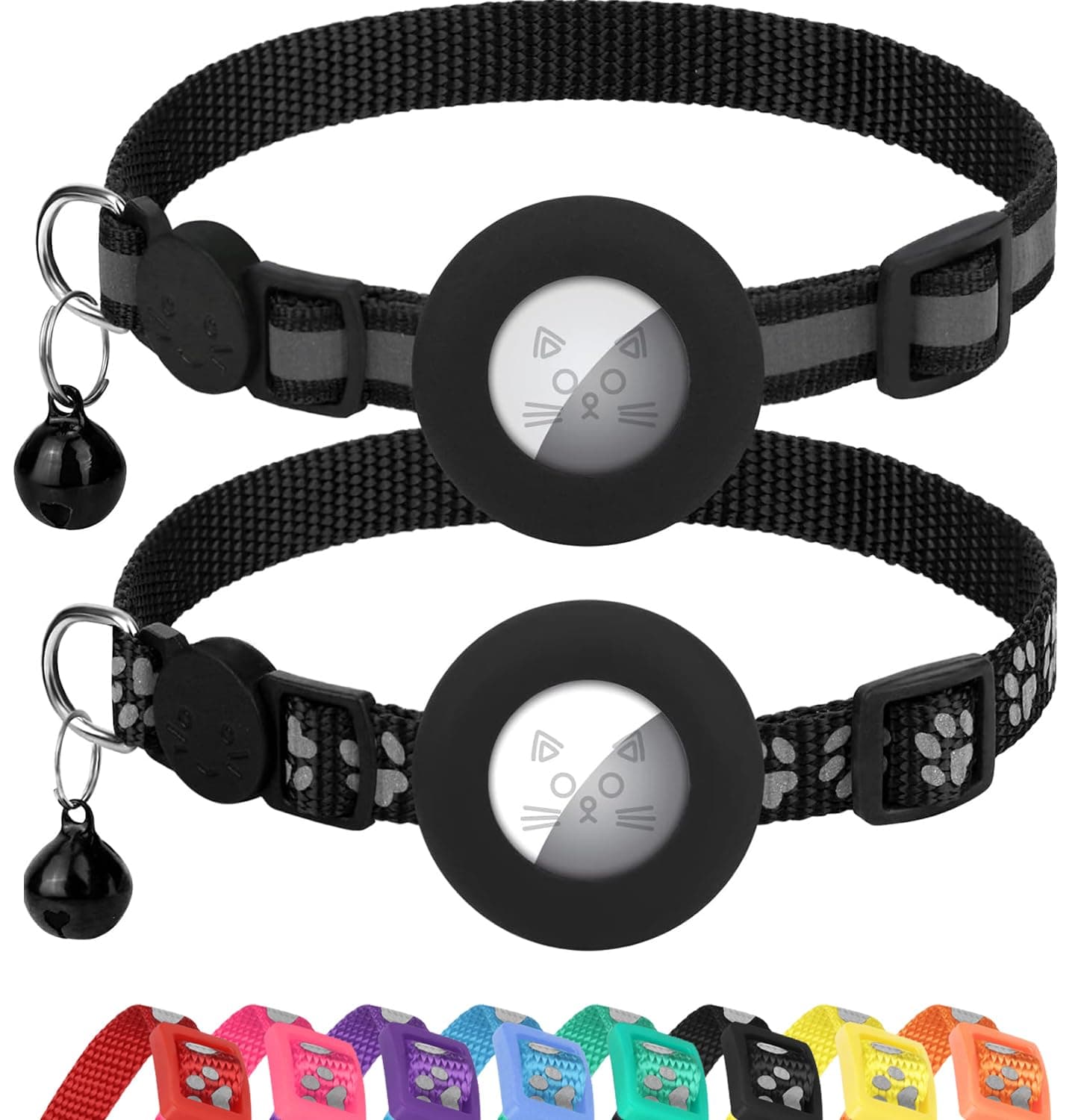 2 Pack Airtag Cat Collars, Reflective Cat Collar with Silicone Airtag Holder and Bell, Breakaway Cat Collars with Round Safety Buckle for Boy and Girl Cats, Adjustable for 7.5-12.5", Black
