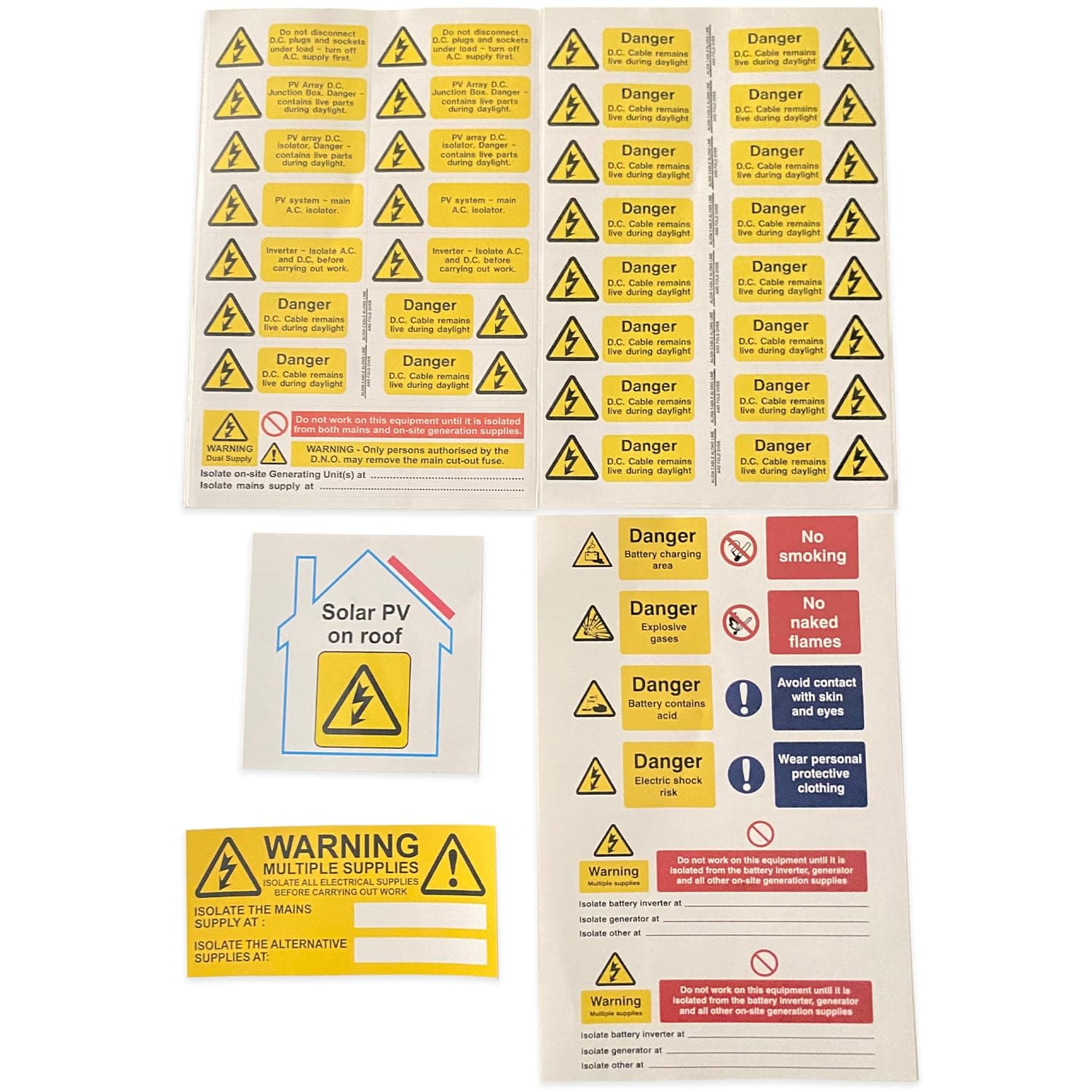 Solar Contractor Pack, Solar Panel Safety Labels Ideal for any Building with Solar Panels, Solar Power or a Solar Power Generator, British HSE Approved