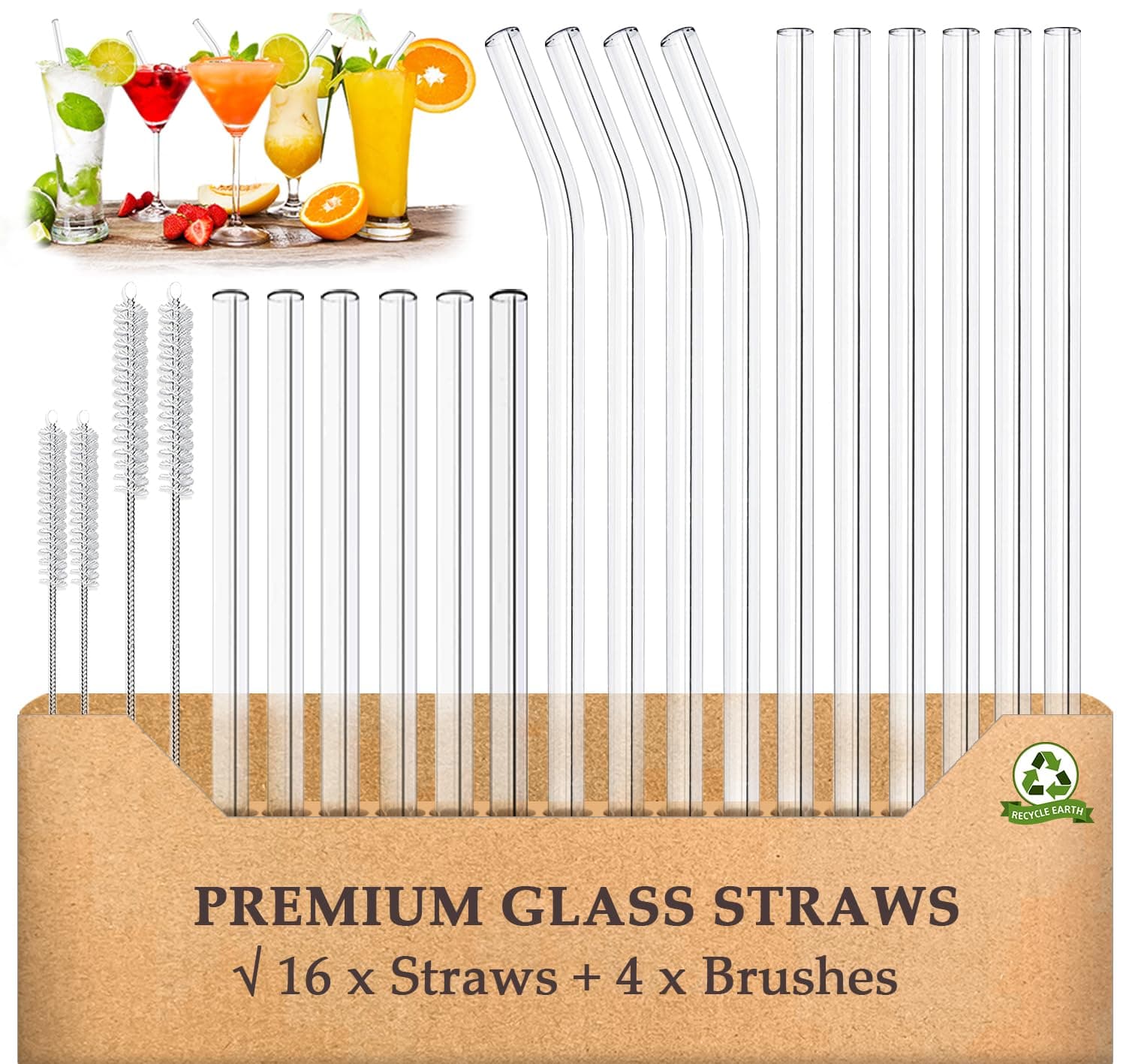 Glass Straws Drinking Reusable 20 Pack,Size 8.5''x10MM, 8.5’’x8MM and 6''x10MM,Glass Straws Shatter Resistant Including 12 Straight and 4 Bent with 4 Brushes, Reusable Glass Straw for Cocktail,Juice