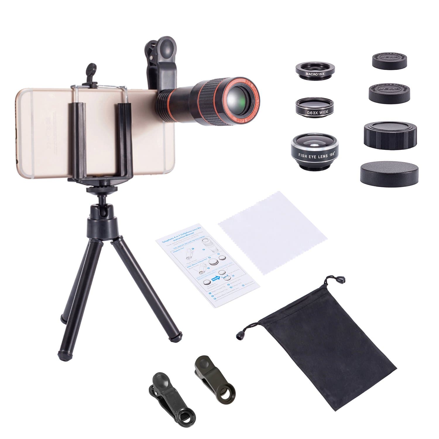 Phone Camera Lens for iPhone 6 Plus/6/7/Samsung HTC Huawei,4 in 1 Lens Kit Telephoto Lens + Fisheye + Wide Angle + Macro Lens with Cell Phone Tripod,12X Zoom Telephoto Lens for Smartphone