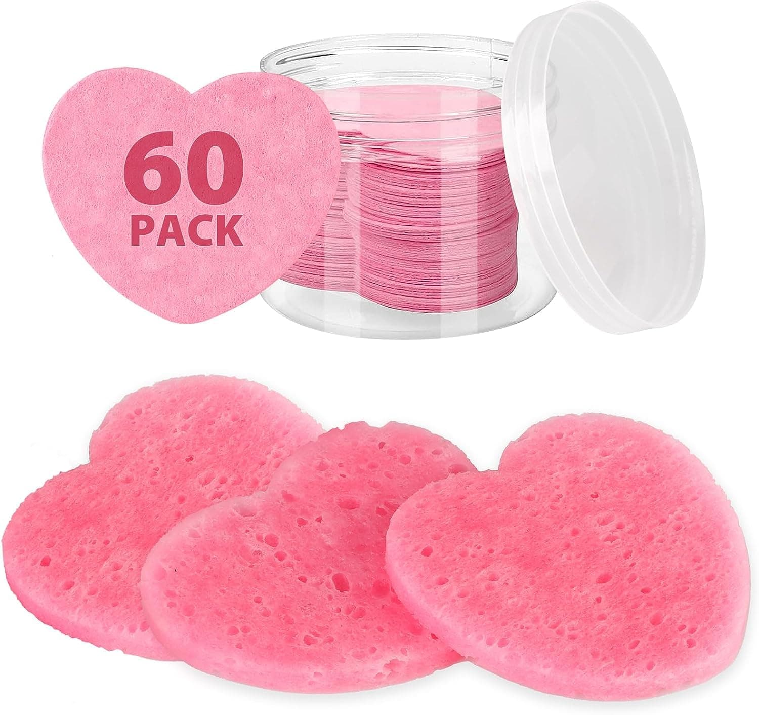 60-Count Compressed Facial Sponges with Container, Heart Shape Compressed Face Sponge, 100% Natural Sponge Pads for Face Cleansing, Massage, Pore Exfoliating Mask, Makeup Removal (Pink)