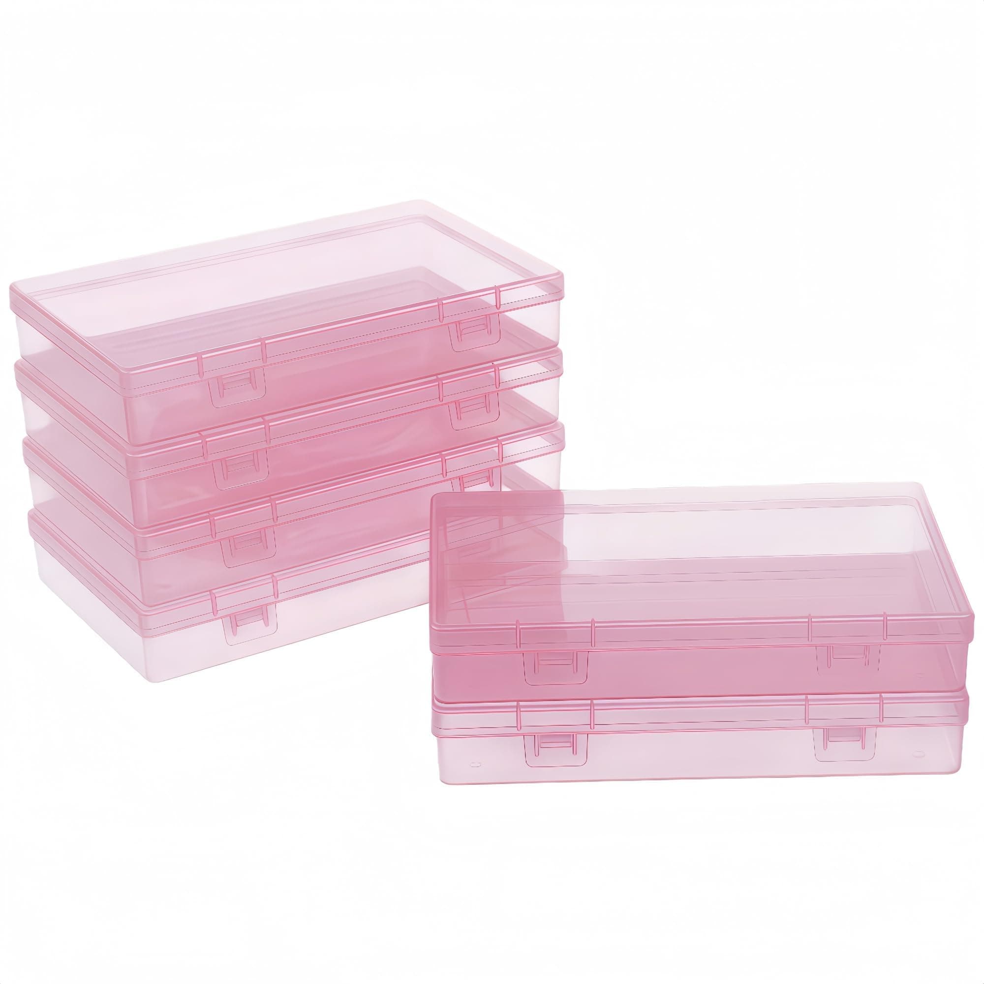 LJY 6 Pack Small Plastic Storage Box with Hinged Lid 18 x 11 x 3 cm – Flat Rectangular Storage Containers with Lids for Beads, DIY Craft Storage and Hardware, Transparent Storage Box (Pink)