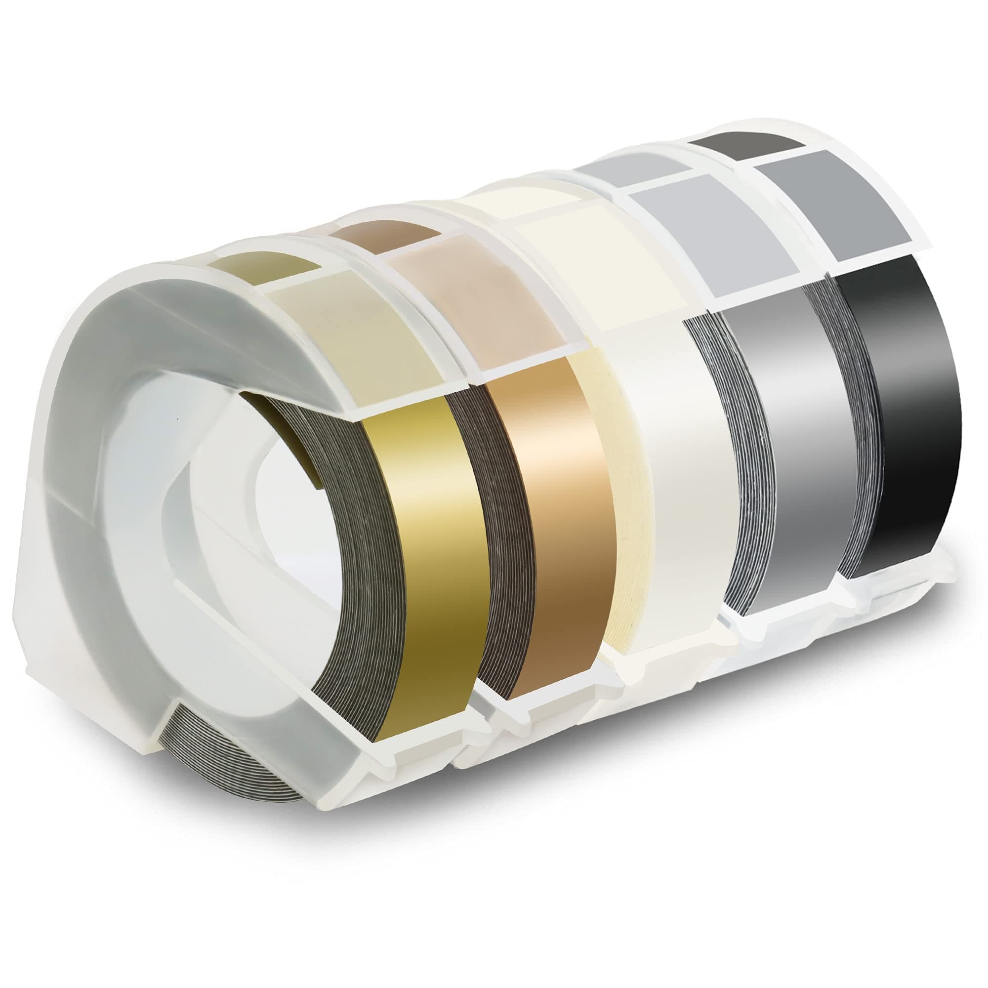 Compatible Embossing Tape Self-Adhesive Replacement for Dymo Embossing Label Maker Organizer Xpress, White on Black/Silver/Clear/Gold/Champagne Gold, 3/8 in x 9.8 ft, 5-Pack