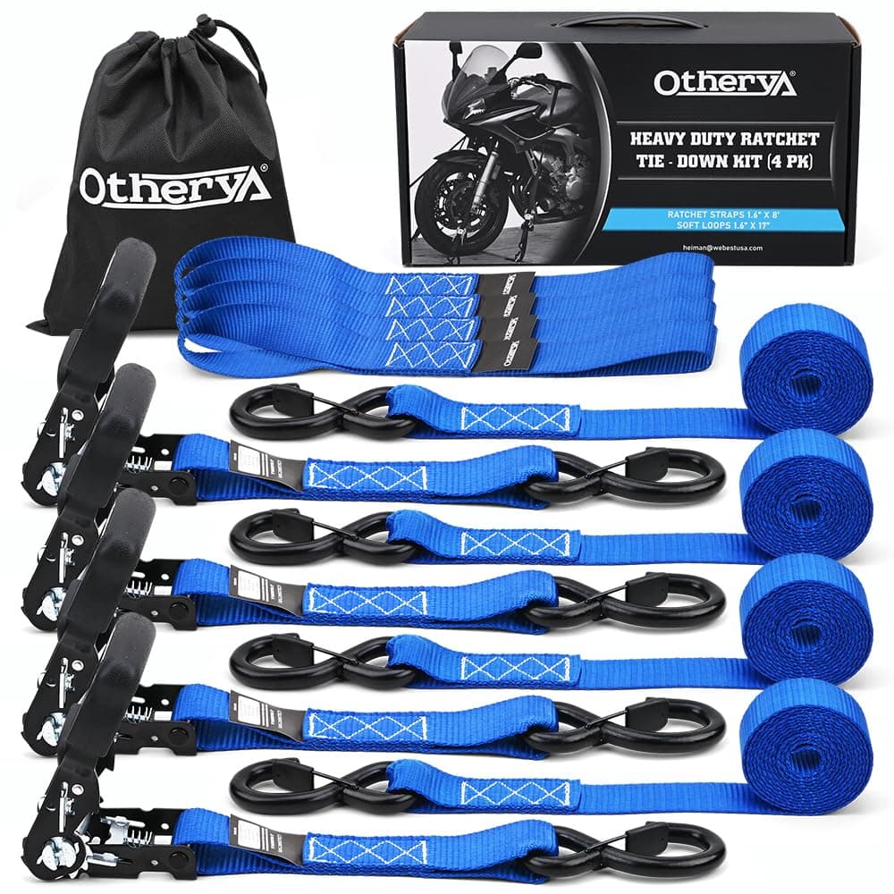 Otherya TIE Down Strap Ratchet Tie Down Straps - 1.6" x 8 ft 5208 Lb Break Strength - Cargo Straps for Securing Motorcycle, Kayak, Truck, Trailer and Boat Lawn Equipment- Includes 4 Soft Loops(Blue)